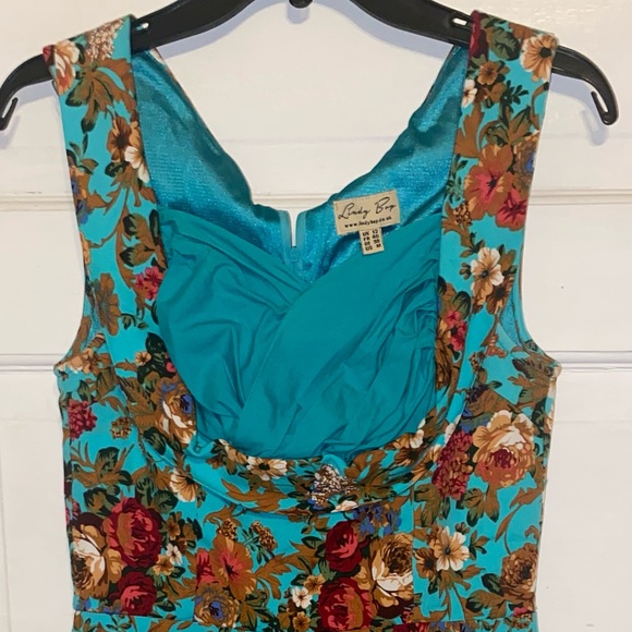 Lindy Bop Ophelia red floral turquoise sleeveless flare dress Women’s Size M - Picture 2 of 5